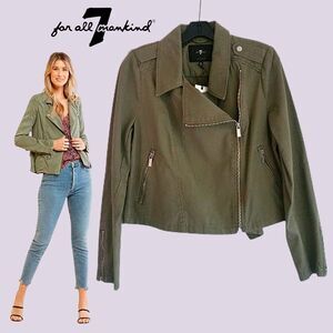 7 FOR ALL MANKIND NEW Grunge Khaki Asymmetric Epaulet Moto Jacket M